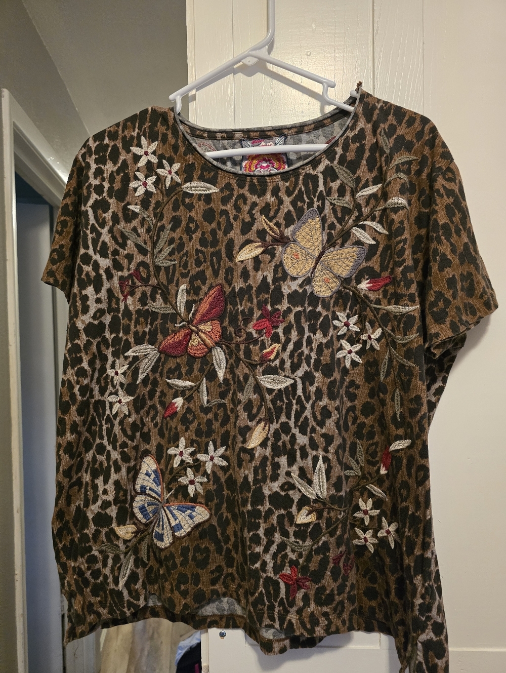 Johnny Was Leopard Embroidered Butterfly Tee